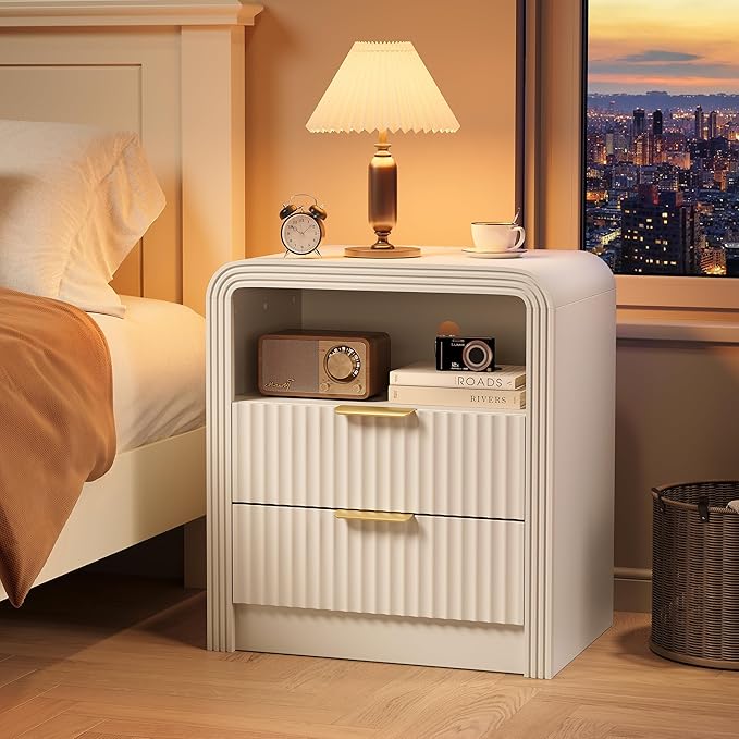 Fluted Nightstand with Charging Station, 19.7'' Wide Morden End Table with USB/Type-C Ports, 2 Drawers & Open Shelf, Curved Profile Design, Wood Bedside Table for Bedroom (White)