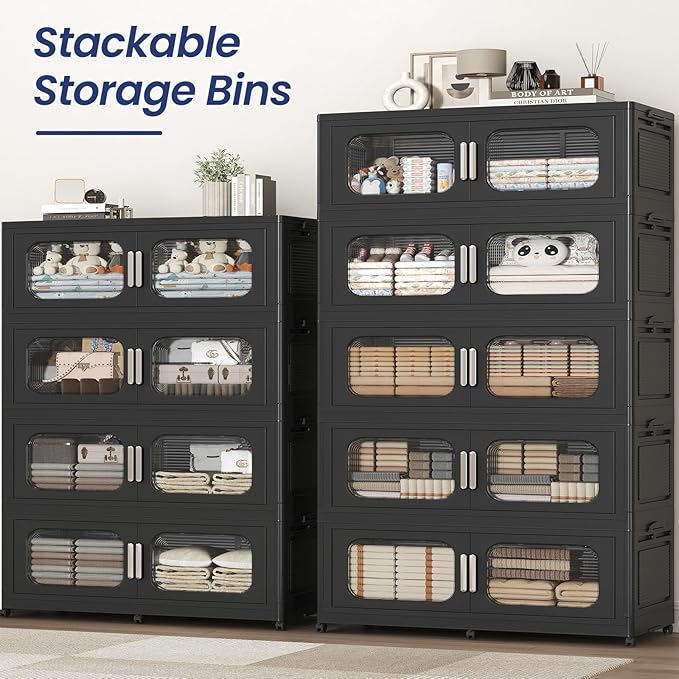 200 Gallon Extra Large Storage Bin with Lid and Wheels, Stackable Collapsible Plastic Storage Box with Door, Foldable Organizer for Closet, Kitchen, Office, Living Room, 4 Pack Black
