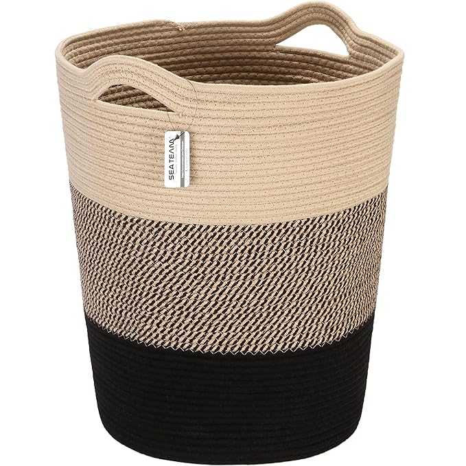 Sea Team Large Size Cotton Rope Woven Storage Basket with Handles, Laundry Hamper, Fabric Bucket, Drum, Clothes Toys Organizer for Kid's Room, 20 x 14 inches, Round Open Design, Flaxen & Black