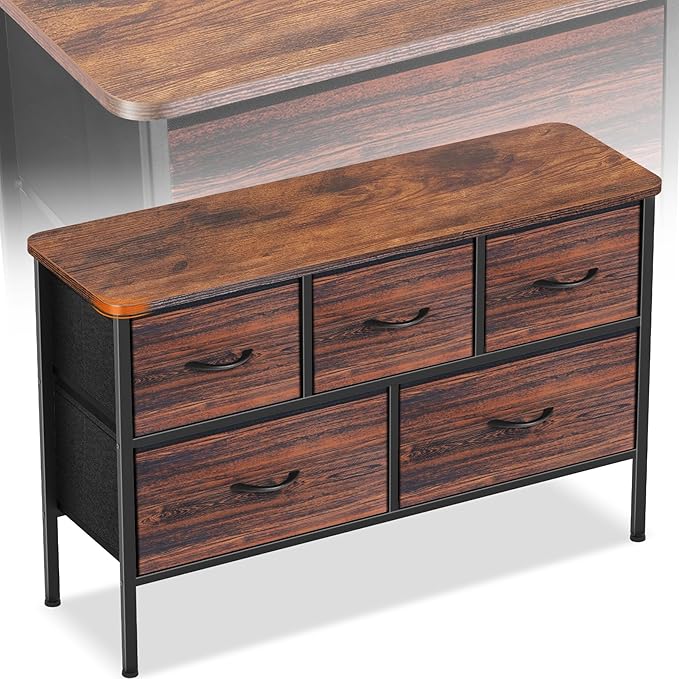 Curved Profile Dresser for Bedroom, Chest of Drawers, 5 Storage Drawers Organizer Unit, Brown Dresser with Fabric Bins for Closet, Living Room, Kid Room (Rustic Brown)