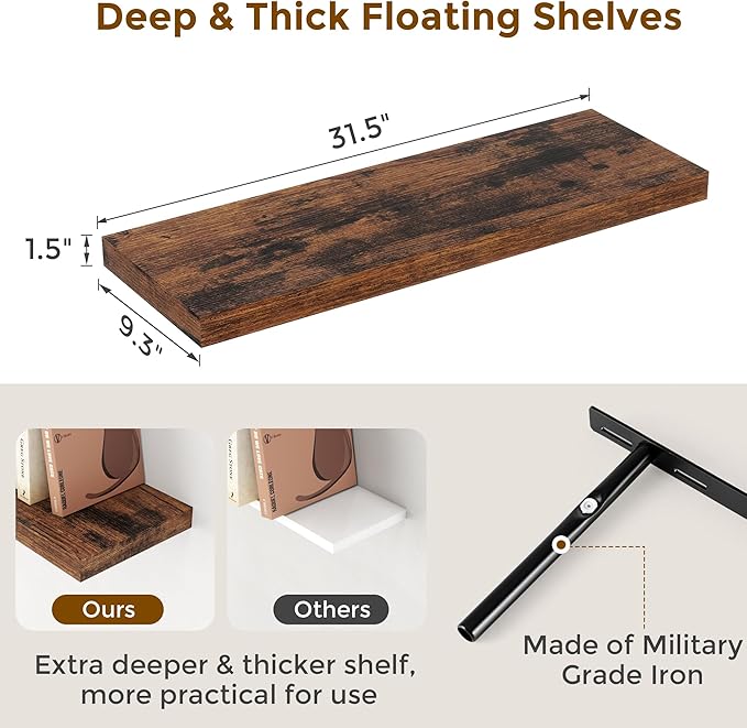 32 Inch Floating Shelves for Wall Set of 2, Rustic Wood Wall Mounted Floating Shelf for Bathroom, Bedroom, Kitchen, 9.3 Inch Deep Shelves Invisible Brackets for Books|Storage|Decor, Rustic Brown