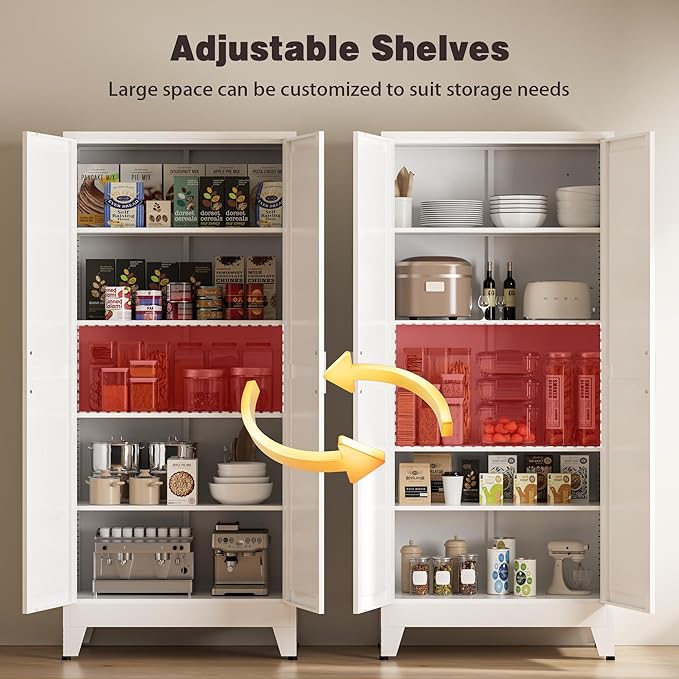 71" Tall Metal Pantry Cabinet, Kitchen Storage Cabinet with 2 Doors and 4 Adjustable Shelves for Kitchen, Living Room, Dining Room, Bathroom and Home, Office (White, 71" H)