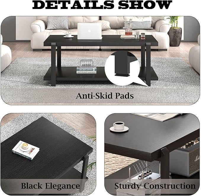 FOLUBAN Black Coffee Table, Modern Rustic Wood Center Table with Storage for Living Room, Industrial Rectangle 2 Tier Cocktail Tea Table, Black Oak