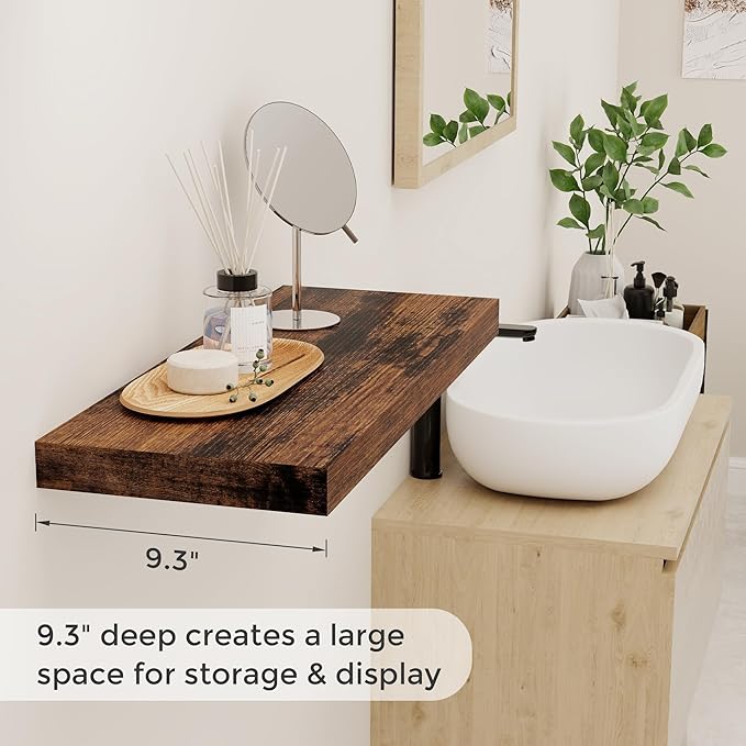 24 Inch Floating Shelves for Wall 2 Pack for Bedroom|Kitchen|Bathroom, Wall Mounted Rustic Wood Shelves, 9.3 Inch deep Floating Shelf with Invisible Brackets for Books|Storage|Decor,Rustic Brown