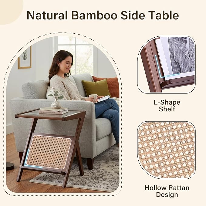 Tiita Rattan Side Table, Mid Century Nightstand, Bamboo Accent Bedside Tables, Glass Coffee Tables, Boho Wooden End Table with Storage for Small Space, Living Room and Bedroom