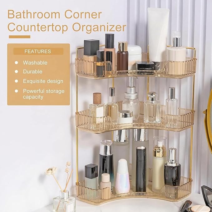Corner Bathroom Countertop Organizer, Vanity Organizer Trays for Counter, Makeup Organizers, Perfume Tray, Skincare Shelf Storage Gifts for Women Girl Student (Yellow, 3 Tiers)