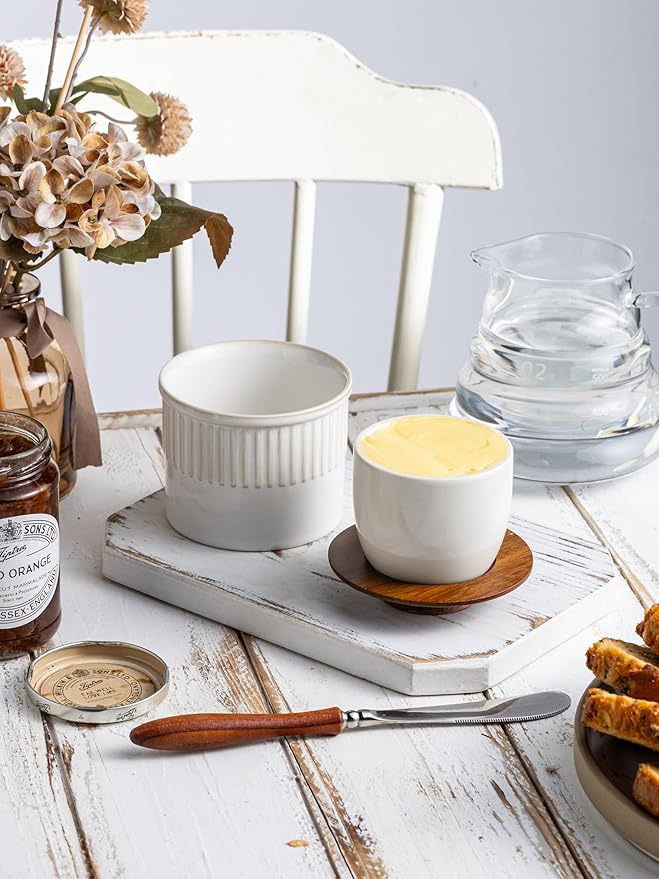 Ceramic Butter Dish With Lid, Butter Crock for Countertop, French Butter Keeper Holder for Spreadable Butter, Classic Stripe, Cream White