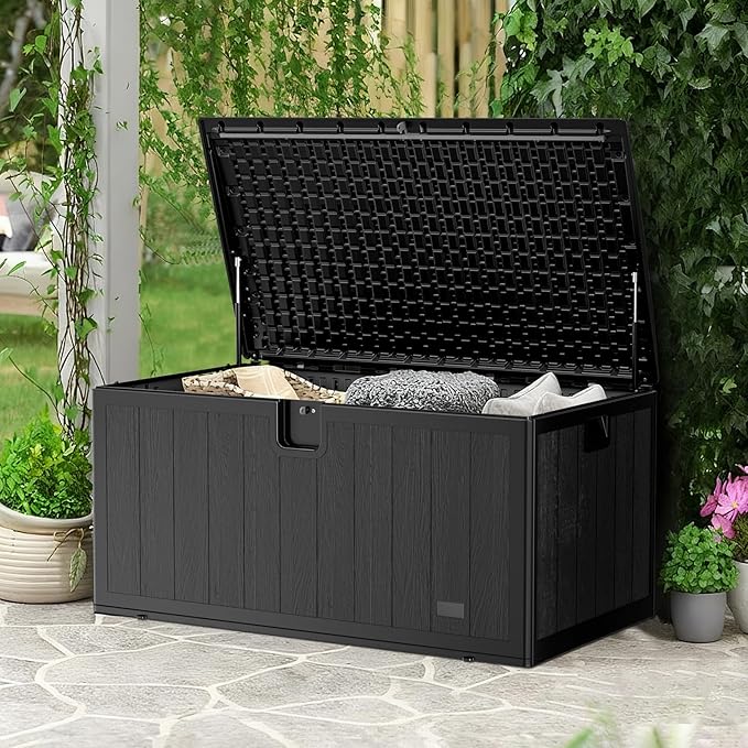 JEKO&JEKO 130 Gallon Outdoor Storage Box, Large Plastic Deck Box with Lockable Lid for Patio Furniture, Garden Tools, Outdoor Cushions and Shoes, Black