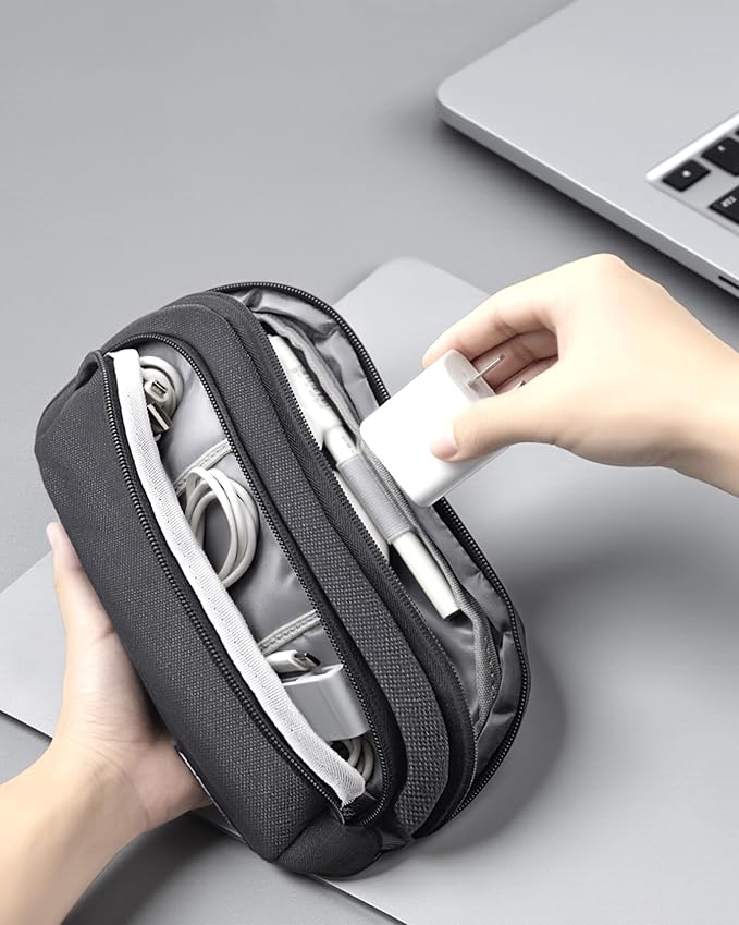Travel Tech Carrying Pouch - Portable Electronics Organizer Travel Case, Portable Tech Organizer, All-in-One Storage Bag for Charging Cable (2 Pack, Black, Medium+Small)