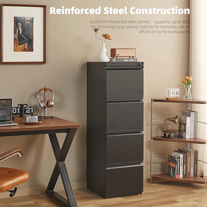 Metal File Cabinet with Lock, Vertical 4 Drawer File Cabinets for Home Office, Heavy Duty Office Storage Cabinet for A4/Letter/Legal Size, Assembly Required(Black)