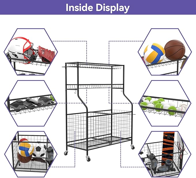 WALMANN Garage Ball and Sports Equipment Organizer, Ball Storage Rack Indoor/Outdoor Kids Ball/Toy Storage Organizer Bins, Rolling Ball Cart with Baskets