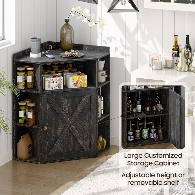 Corner Storage Cabinet, Farmhouse Corner Bookshelf with Storage 6-Cubby Wooden Cabinet with USB Ports and Outlets Industrial Organizer for Small Space, Study, Playroom, Living Room