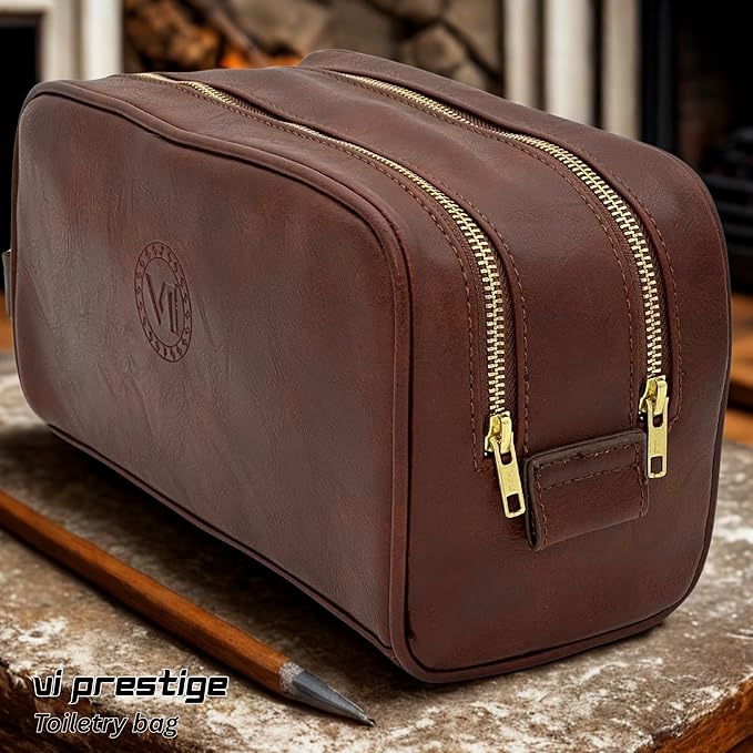 Dopp Gift Large Travel Toiletry Bag Premium Quality PU Leather Two compartments YKK Zippers Water-resistant Bottom Studs Mesh Pockets Durable Cosmetic Organizer DARK BROWN
