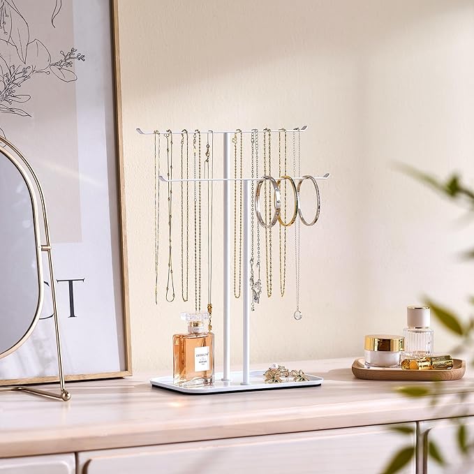 pickpiff Necklace Holder Jewelry Organizer Stand – 2‑Tier T‑Bar Jewelry Display Tree with Tray for Countertop Necklace Bracelet Earring Storage, Vanity Dresser Bathroom Sink, White