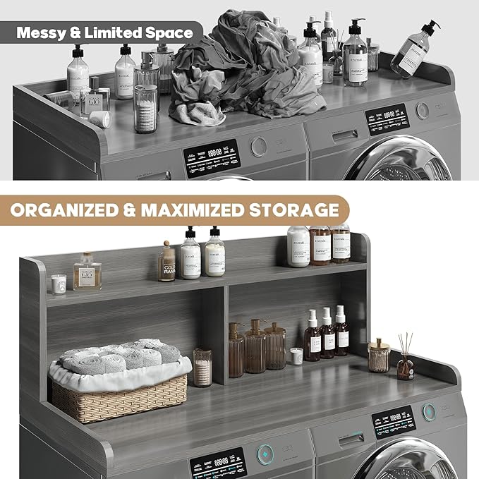 2-Tier Washer Dryer Countertop, 18.5" Raised Height Laundry Countertop with Edge Rails and Non-Slip Pad, 54"W x 27.55"D Washer and Dryer Topper for Laundry Room Storage Organization (Stripe Gray)