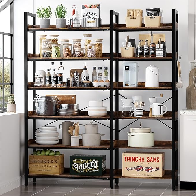 KOUSEI 6-Tier L-Shaped Reversible Corner Bookshelf, 69" Rustic Brown Industrial Wood & Metal Bookcase, Wide Open Shelves + 4 Hooks for Living Room/Bedroom/Home Office