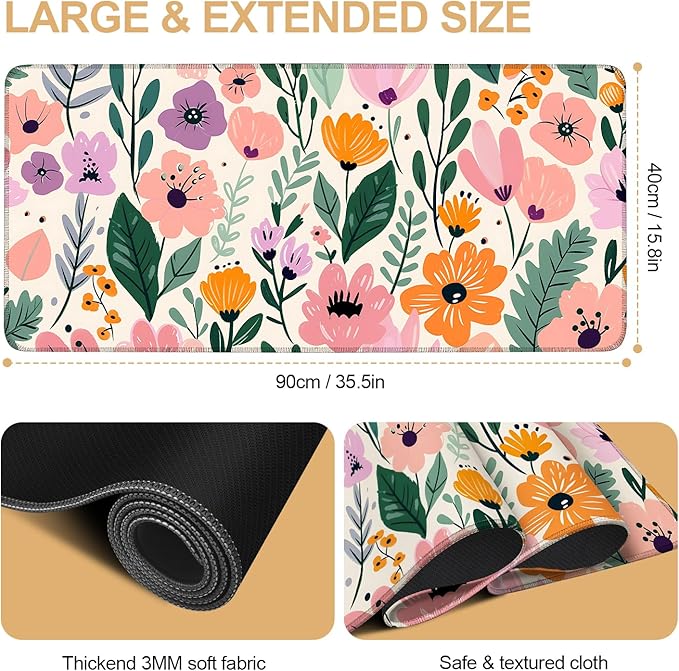 Large Mouse Pad, Floral Garden Desk Mat, Extended Gaming Mouse Pad with Non-Slip Rubber Base, Thick 3mm Smooth Surface Keyboard Mat for Office & Home,35.5 x 15.8 in