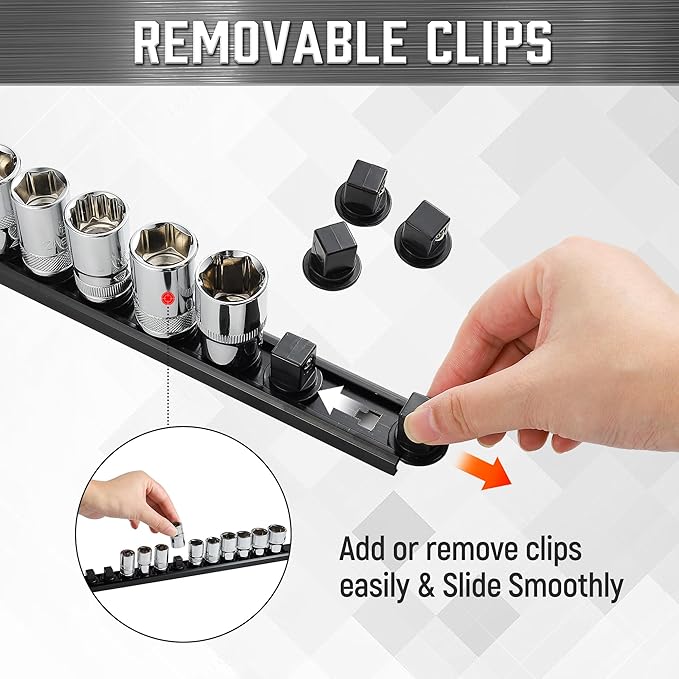 ALOANES 3-Piece Magnetic Socket Organizer, Heavy Duty Aluminum Socket Rails Organizer, 360° Swivel Clips Socket Holder Kit for Tool Box, 1/2-Inch Socket Holder x 36 Clips (Black)