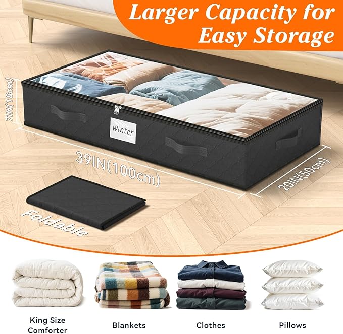 SpaceWhisper 90L Under Bed Storage Containers, 4-Pack Storage Bins with Clear Top, Foldable Closet Organizers and Storage with Label Holder for Clothing, Blankets, Comforter & Pillows(Black)