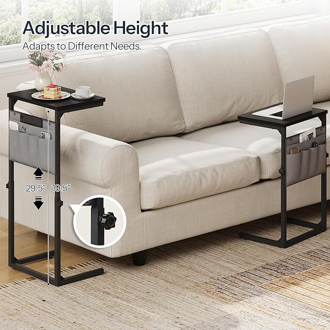 HOOBRO C Shaped End Table, 29.5’’ Adjustable Height Side Table with Storage Pockets, Couch Table Slide Under for Sofa, Small Space, for Living Room, Bedroom, Black BB77SF01