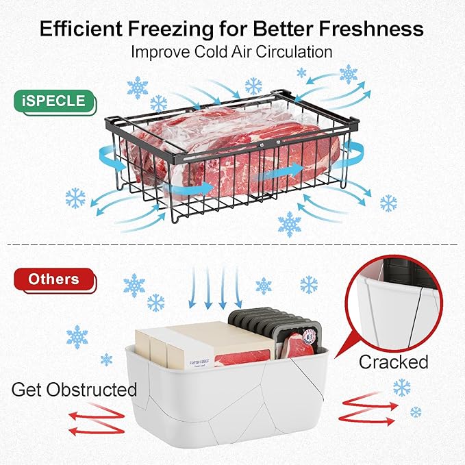 iSPECLE Freezer Organizer Bins - Fit 10 to 20 Cu Ft Chest Freezer, 2 Pack Large Expandable Stackable Deep Freezer Organizer Bins Sort and Easily Get Food without Digging in the Freezer, Black