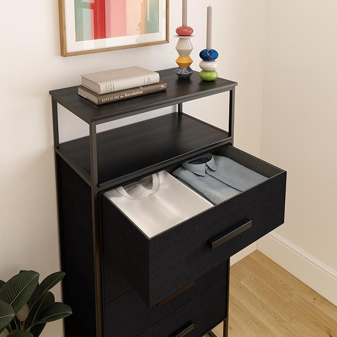 tinge Zana Premium Fabric Dresser - Strong Metal Frame, 4 Spacious Sag-Proof Drawers & Sturdy Wooden Top Shelf - Premium, Sleek & Durable Storage Solution for Your Home (Black)