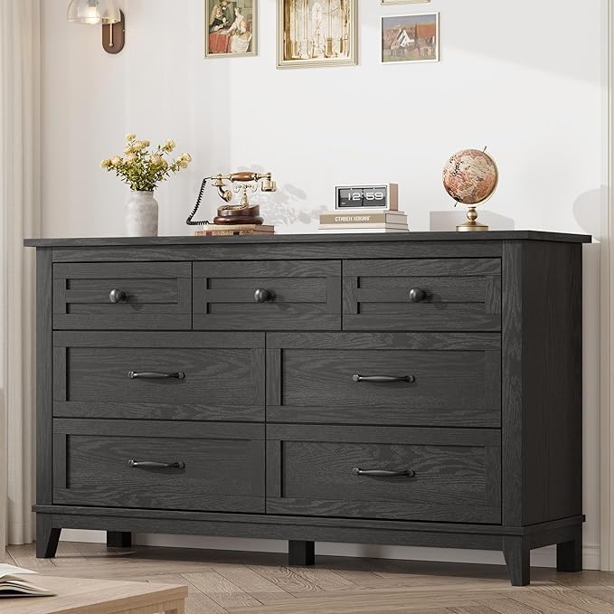 GarveeHome 7 Dresser for Bedroom, 54 in Wide Drawer Dresser with Storage Freestanding, Wooden Closet Storage Chest for Living Room, Bedroom, Entryway, Black