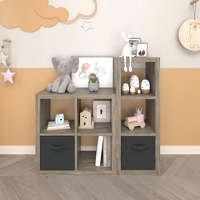 4 Cube Organizer, Cube Storage Organizer with Fabric Bin, Cube Storage Shelf for Bedroom, Living Room, Office, Modular Bookshelf Organizer for Books, Closet, Gray Oak