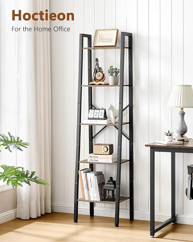 Hoctieon 5-Tier Industrial Ladder Bookshelf, Narrow Ladder Shelf, Tall Standing Bookshelf, Skinny Open Ladder Shelf, for Living Room, Home Office, Kitchen, Bedroom, Metal Frame, Greige