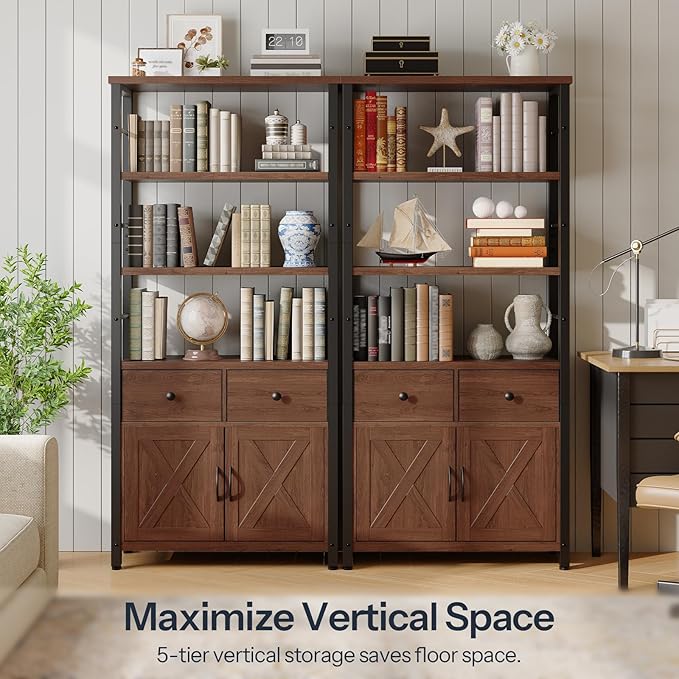 HOOBRO Bookshelf with Doors, Rustic Bookshelf with Drawers, Industrial Display Standing Shelf Units, Wooden and Metal Storage Shelf for Living Room, Home Office, Dining Room, Walnut and Black BH75SJ01