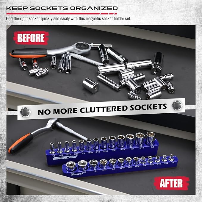2-Piece 1/4"-Drive SAE Magnetic Socket Organizer Set (Holds 26 Sockets) - Detachable Tool Tray with 5mm Magnetic Base, Screw-Fixed Design & Heavy-Duty Modular Storage for Garage/Home Workshop