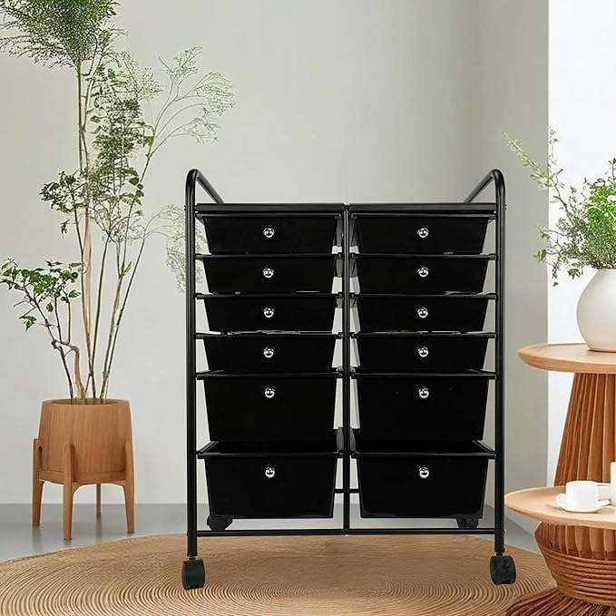 Multipurpos 12 Drawers Rolling Storage Cart With Drawers, Black Plastic Storage Trolley, Rolling Carts With Wheels, Craft Corner Storage Organizer for Kitchen Bathroom Garage Office Salon Shop