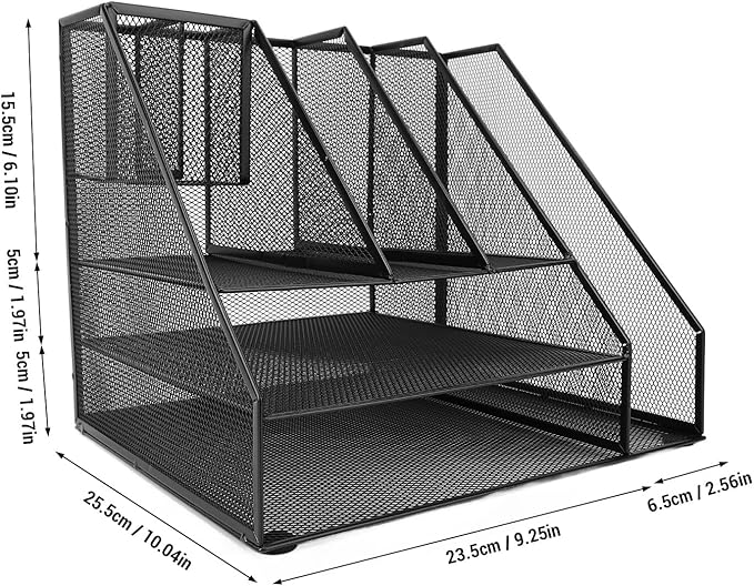 Hyuduo Office Desk Organizer, Black Iron Mesh 3 Tier Paper Letter Tray with 2 Pen Holders and File Rack Metal Structure for Office and Home Desk Organization