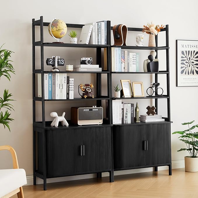 4-Tier Bookshelf, Tall Bookcase with Open Shelf and Sliding Door, 67” Freestanding Storage Organizer Display Cabinet for Living Room, Home Office (Black)