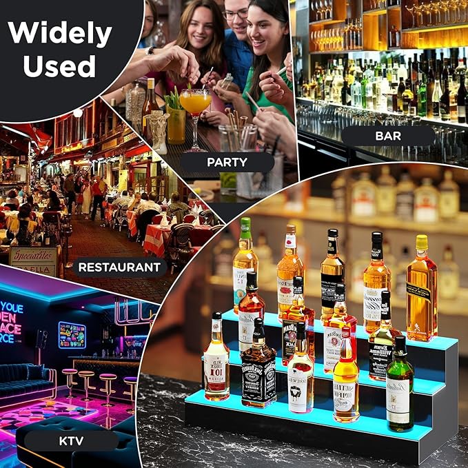 Dethan 3 Tier 20 Inch LED Lighted Liquor Bottle Display Shelf - Corner Wine Racks with Multi-Color App & Remote Control, Adjustable Brightness & Sound Modes, Acrylic Bar Shelves for Commercial Clubs