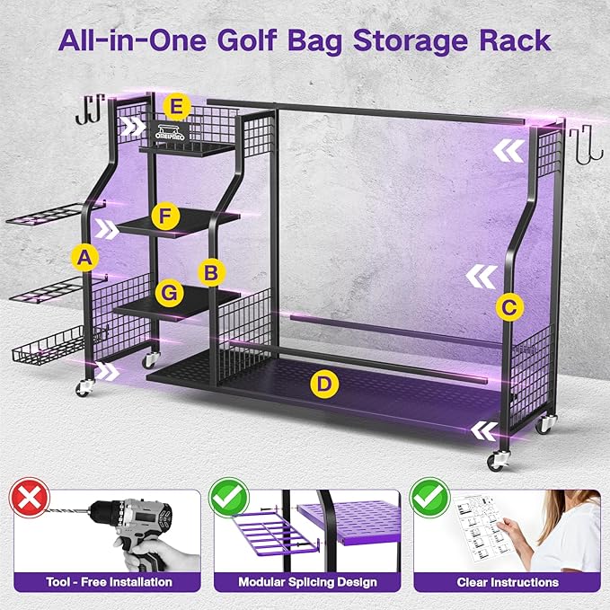 Golf Bag Storage Garage Organizer, Golf Bag Storage Stand and Other Golfing Equipment Accessories Rack, Golf Bag Storage Rack with Wheels, Golf Organizer for Home, Garage, Club, Shed, Basement