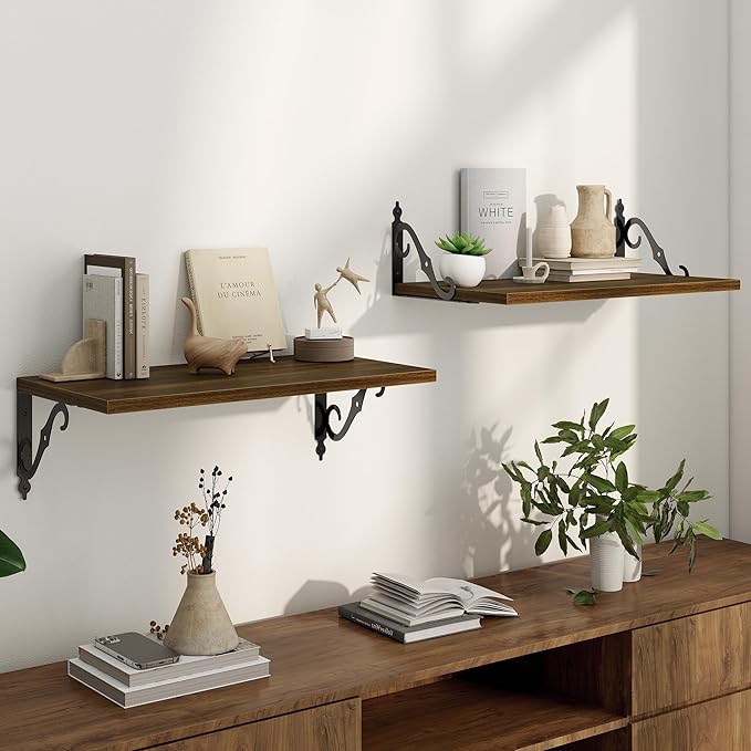 Floating Shelves for Wall, 24"W x 12"D Wall Shelves, 12 Inch Deep Floating Shelf with Bracket, 24 Inch Floating Shelves for Living Room and Bathroom, Display & Storage Shelves, Walnut, Set of 2