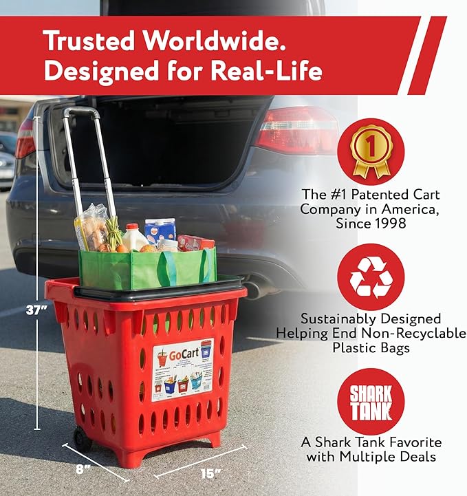 dbest products GoCart, Red Grocery Cart Shopping Laundry Basket on Wheels