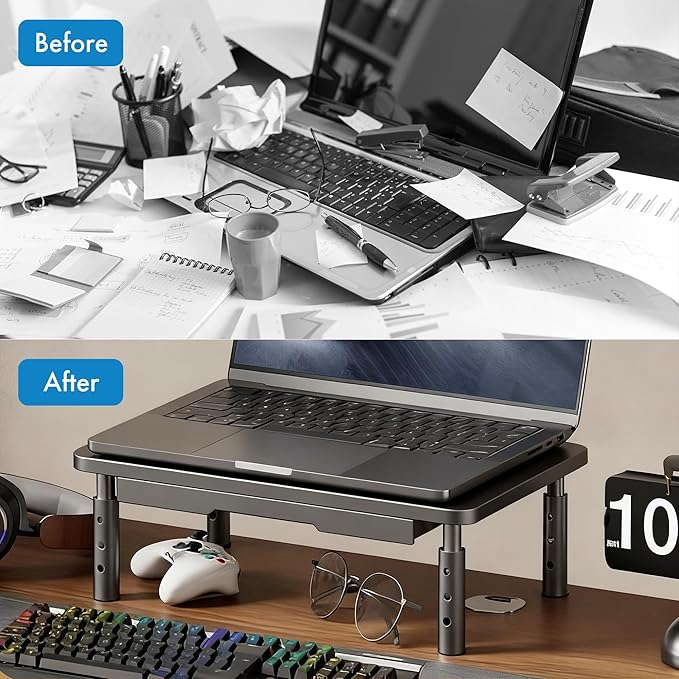 Monitor Stand Riser with Drawer - Adjustable Height (10.5-14.5cm) 3 Gears, Carbon Steel Desk Organizer for Computer/Laptop, Ventilated, Multi-Layer Storage for Office Home (Black)