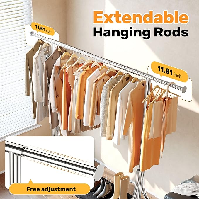 HOKEEPER Clothes Rack with Wood Shelves Height Adjustable Clothing Rack with Lockable Wheels 500LBS Portable Wooden Garment Closet for Bedroom, Living Room, Laundry, Balcony, Silver