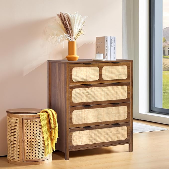 4 Drawer Dresser with Rattan Finish, Modern Farmhouse Chest of Drawers with Metal Handles, Accent Wood Storage Cabinet for Bedroom, Living Room (Walnut-4 Drawers)