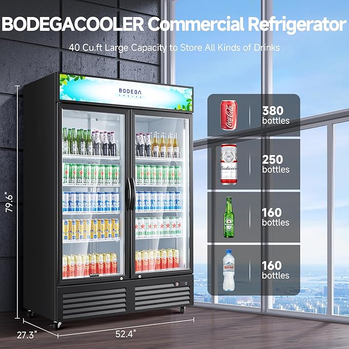BODEGACOOLER Commercial Merchandiser Refrigerator, 2 Glass Door Commercial Beverage Refrigerator, 40 Cu. Ft Beverage Display Cooler with Soft LED Light, Adjustable Shelves and 4 Strong Castors(Black)