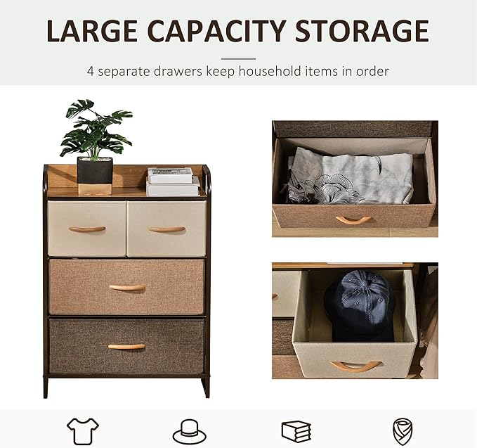 HOMCOM 4-Drawer Dresser, Fabric Chest of Drawers, 3-Tier Storage Tower with Steel Frame and Wooden Top for Bedroom, Nursery Room, Multicoloured