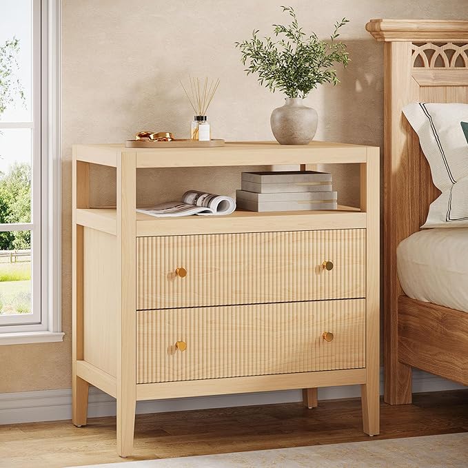 Tribesigns Modern Nightstand, 2-Drawer Nightstand with Open Storage Shelf, 29.52-Inch Wide Bedside Table Large Night Stand for Bedroom, Living Room, Oak (1)