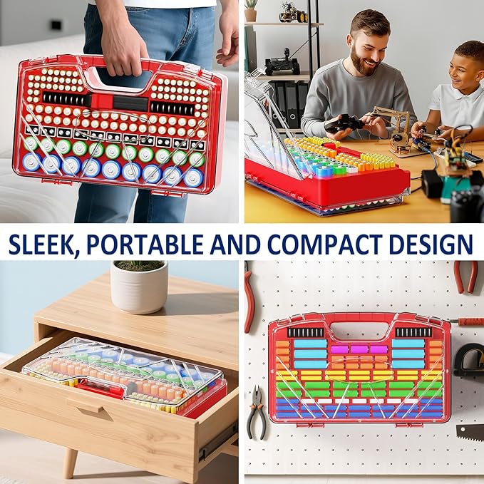 Battery Organizer Storage Holder Box Case with Tester, New Ultra-Large 285+Batteries Double-Sided Variety Pack, Holds AA AAA 4A C D 9V 3V Button Cell Lithium18650 CR2 CR123 CR1632 LR44 - Red
