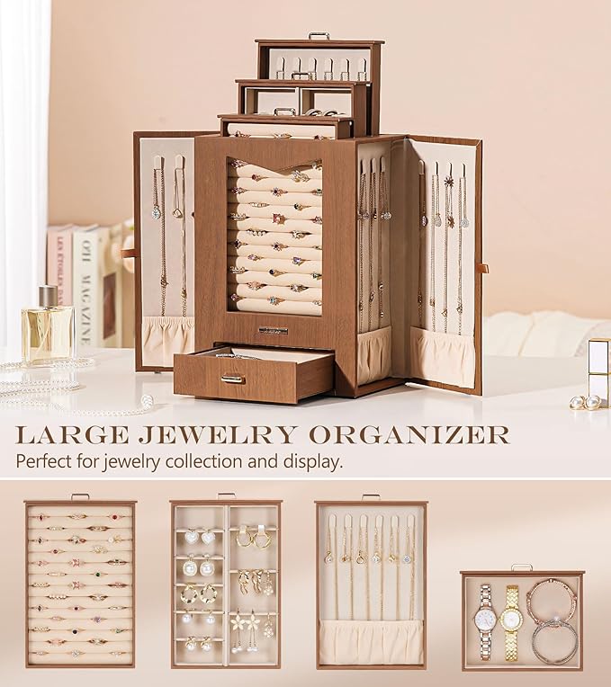 Homde Jewelry Organizer with Transparent Window Necklace Hooks Gift for Women Jewelry Box Display Case for Necklaces Rings Earrings Bracelets and Other Accessories (Brown)