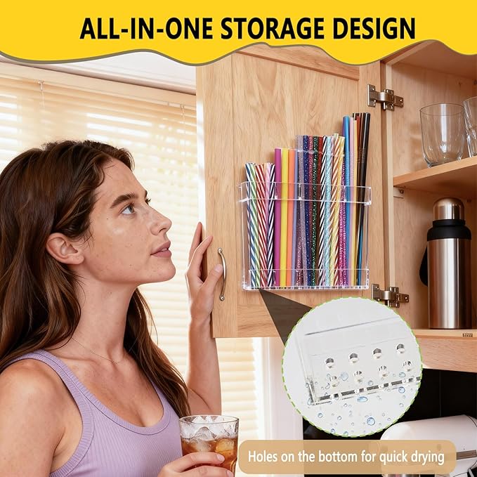 9.5" Large Acrylic Straw Holder for Cabinet Door - Reusable Tumbler Straw Organizer Storage, Small Kitchen Organizers and Storage Accessories Container, Ultra Sticky Cupboard Door Mounted