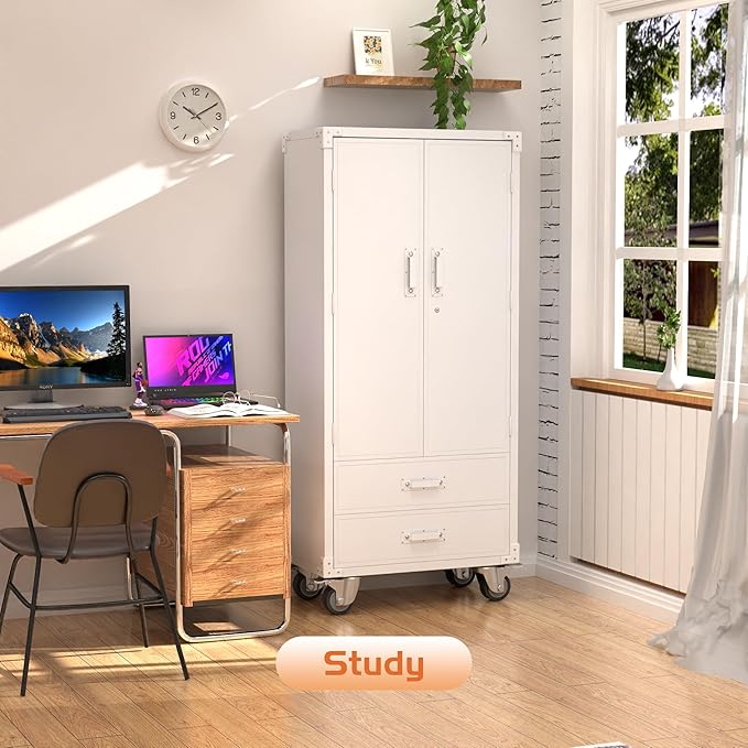 Metal Storage Cabinet with 2 Drawers, Garage Tool Cabinet on Wheels for Home Office,Assembly Required,White