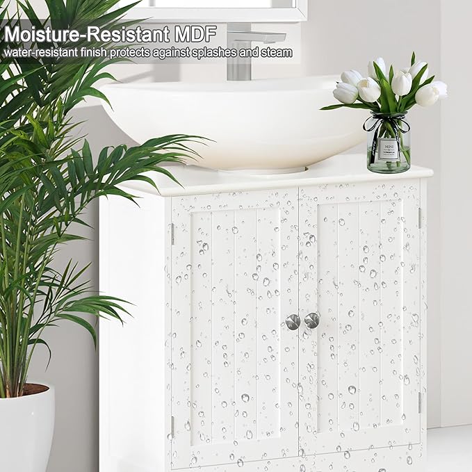 Pedestal Sink Storage Cabinet, Under Sink Cabinet with 2 Doors and Adjustable Shelf, Bathroom Sink Cabinet with U-Shape Cut-Out, Under Pedestal Sink Storage Cabinet for Bathroom, White