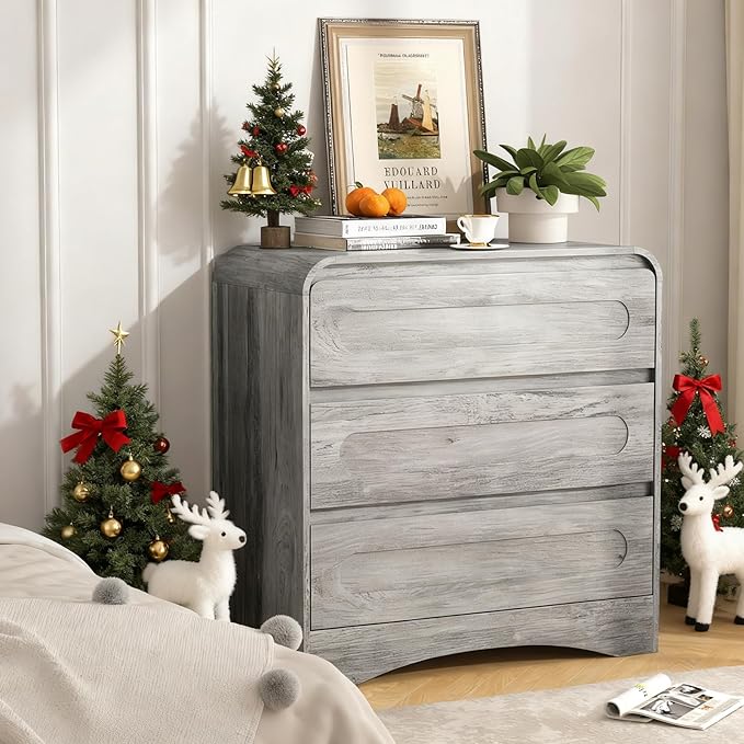 3 Drawer Dressers for Bedroom, 32" Wide Wood Storage Dresser & Chest of Drawers Organizer, Large Modern Dressers with 3 Drawer Storage Organizer for Bedroom Living Room Hallway Closet, Grey